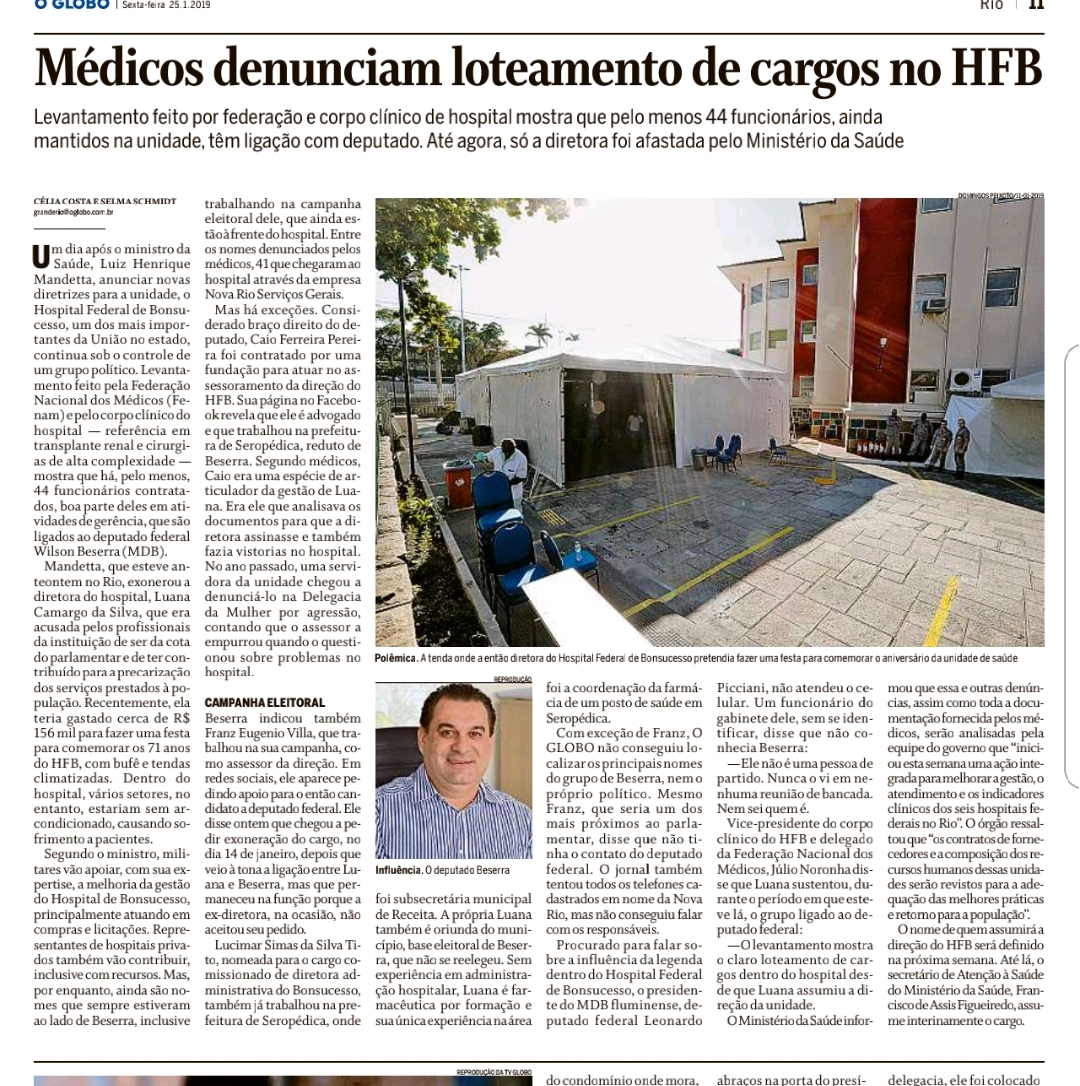 Fenam denuncia o loteamento político dos hospitais federais no Rio.