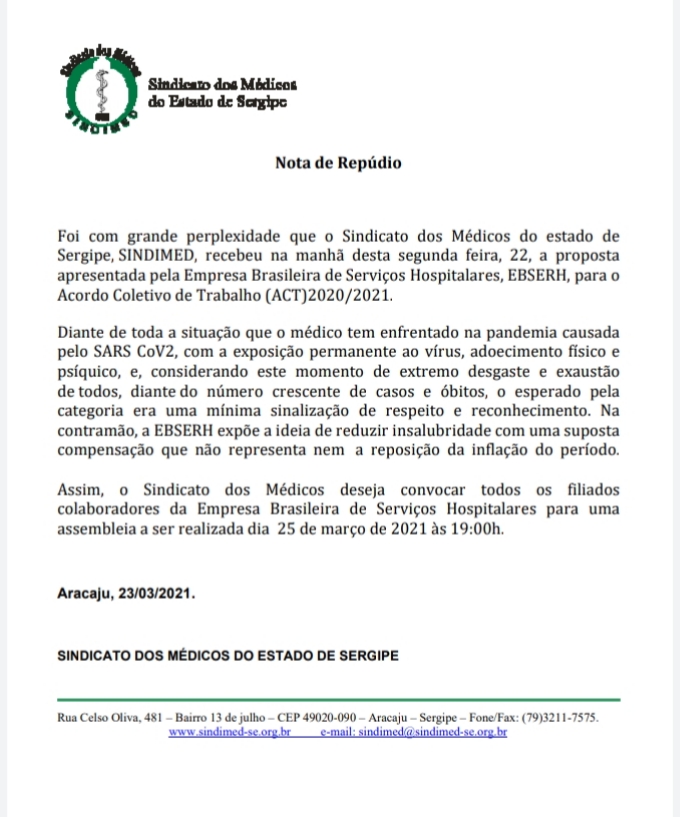 SINDIMED  realiza assembleia com médicos da EBSERH em Sergipe